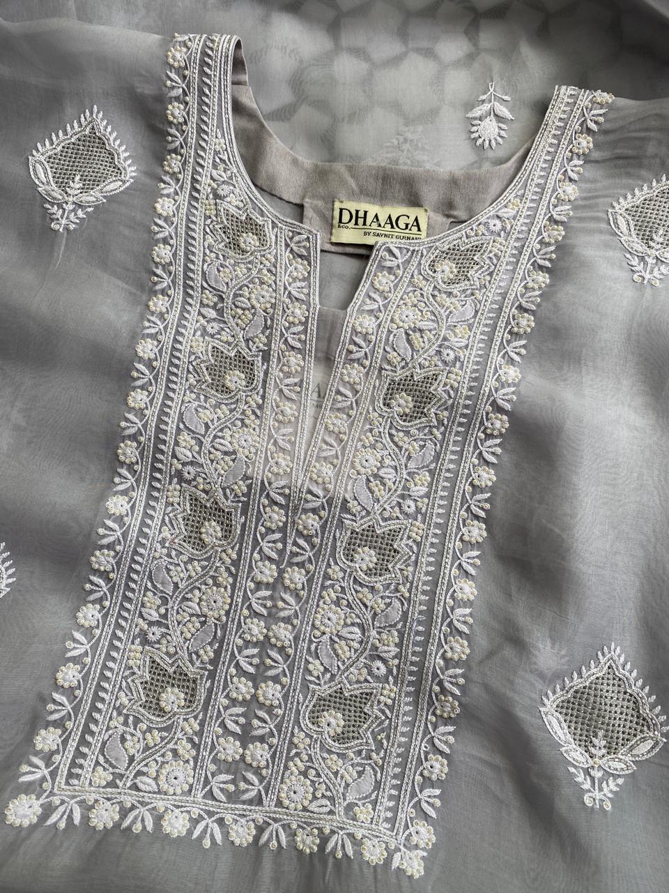 Ash Blue Organza Chikankari suit