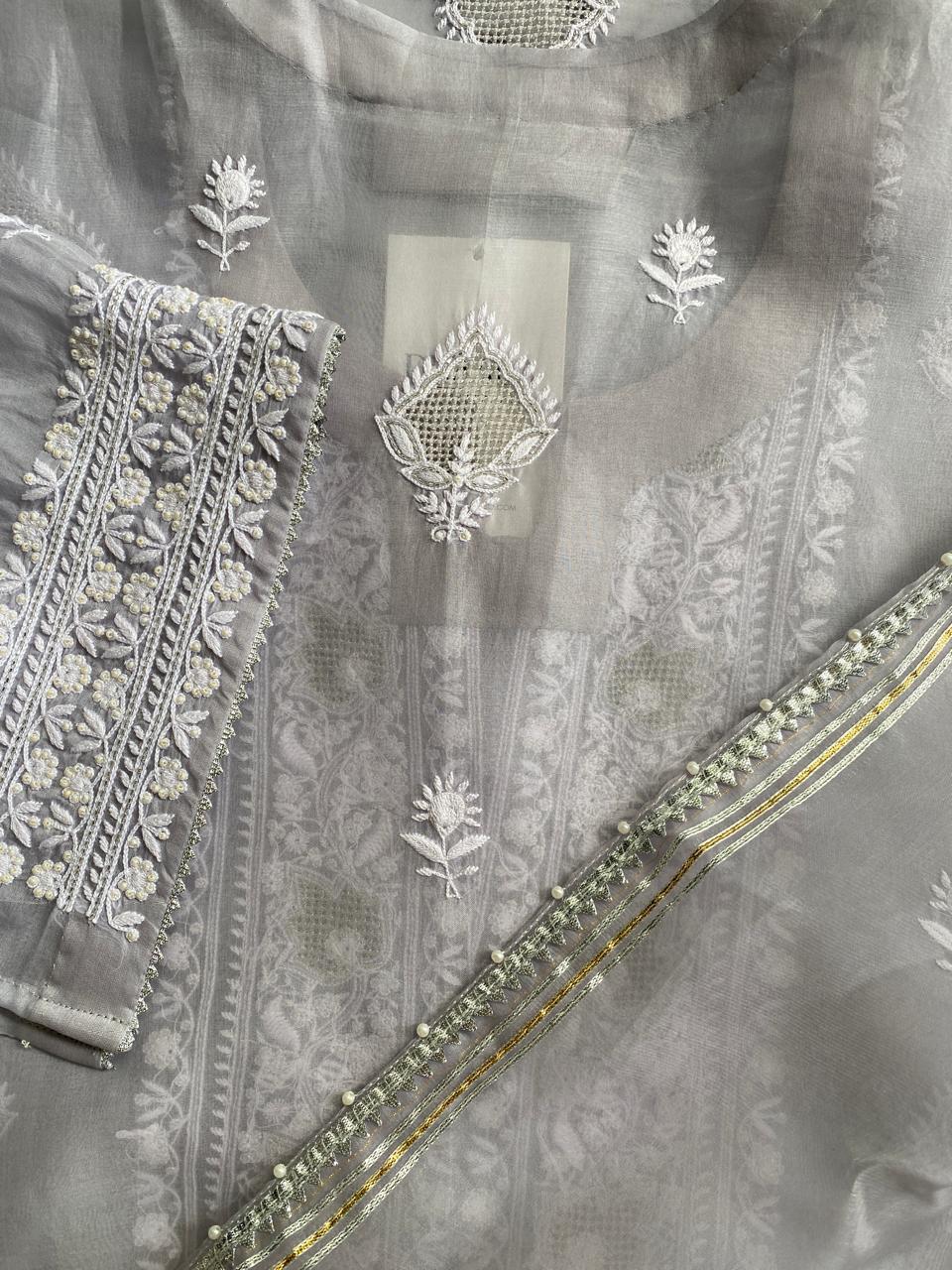 Ash Blue Organza Chikankari suit