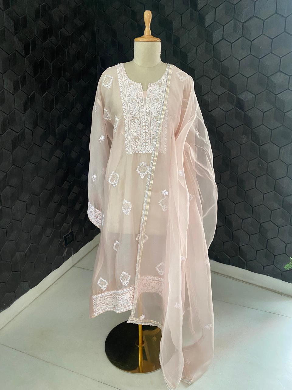 Peach Organza Chikankari kurta Set