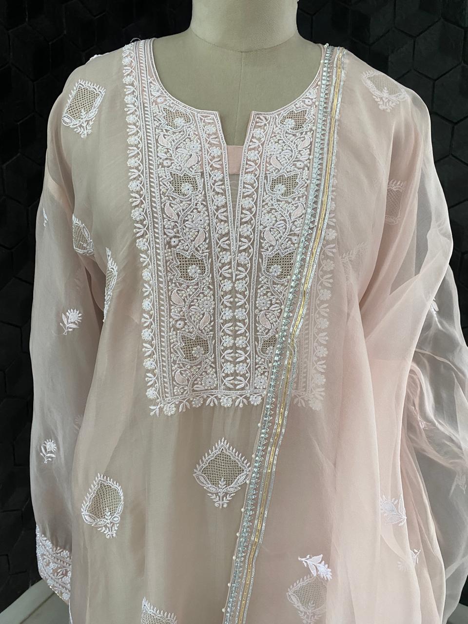 Peach Organza Chikankari kurta Set