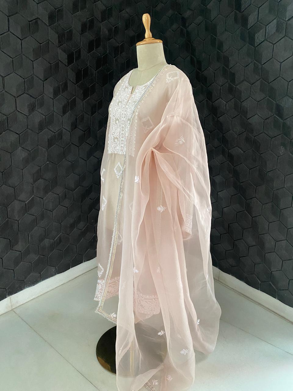Peach Organza Chikankari kurta Set
