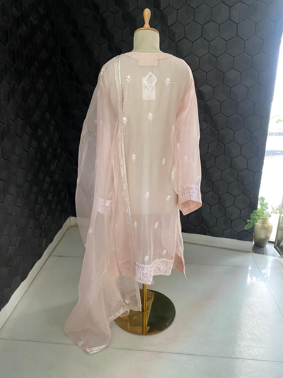 Peach Organza Chikankari kurta Set