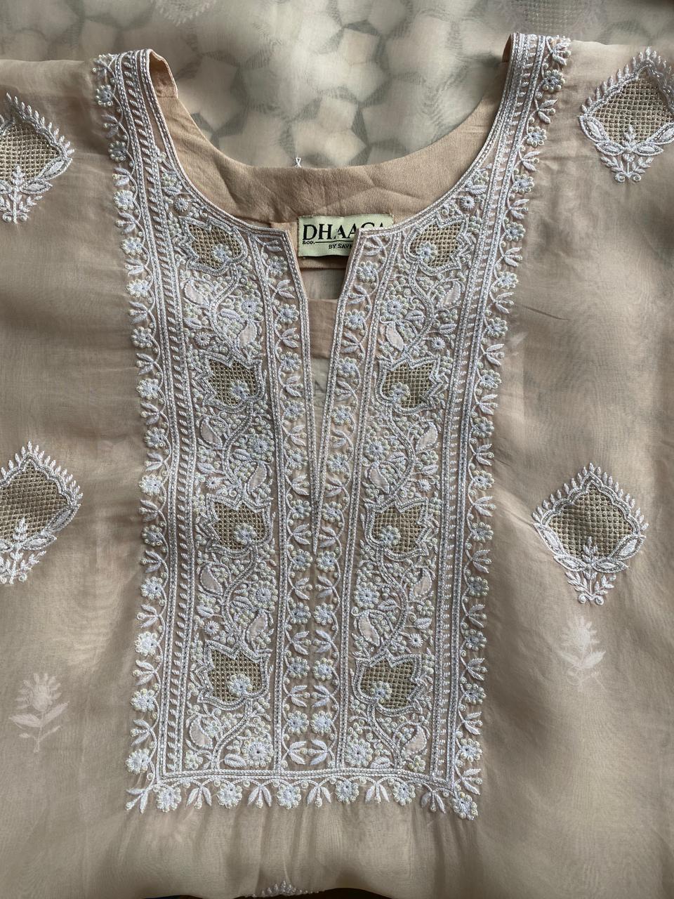 Peach Organza Chikankari kurta Set