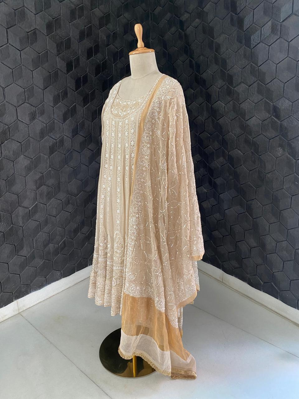 Ivory Golden Tissue Chikankari Anarkali Suit