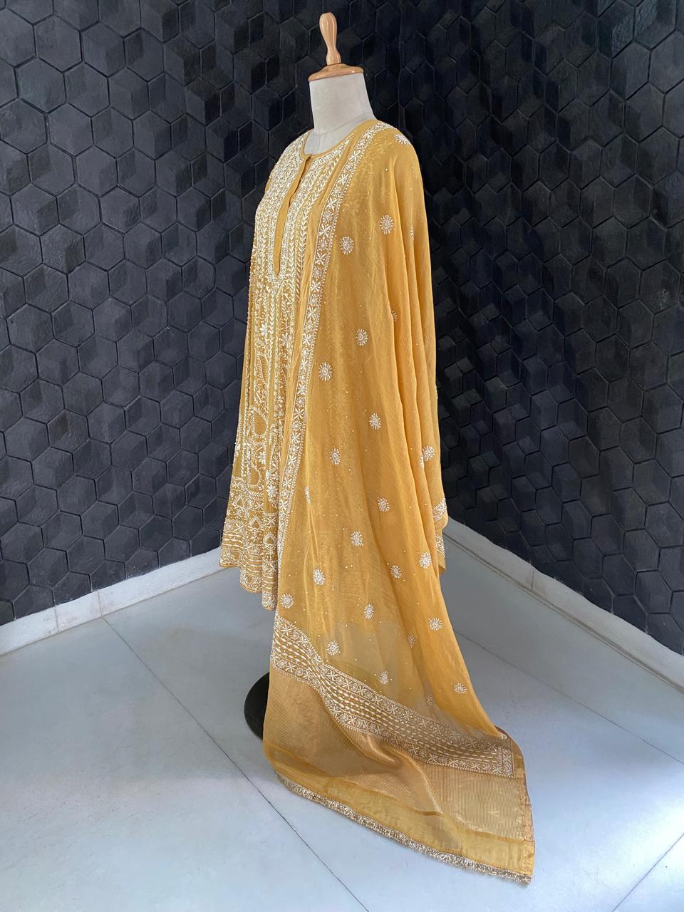 Mustard Yellow Golden Tissue Chikankari Anarkali suit