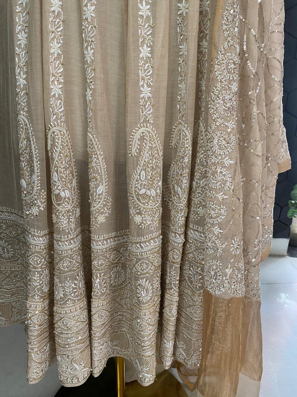 Ivory Golden Tissue Chikankari Anarkali Suit