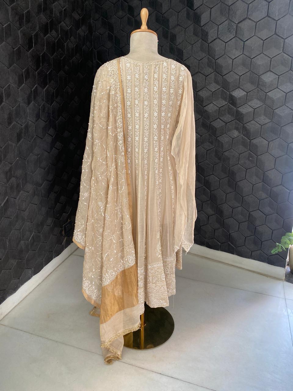 Ivory Golden Tissue Chikankari Anarkali Suit