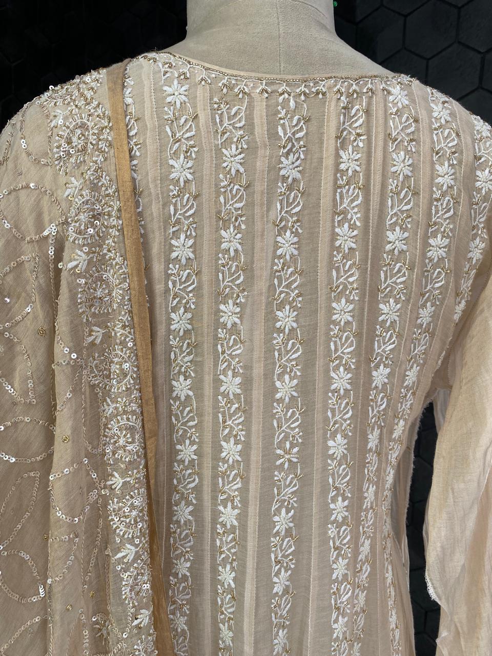 Ivory Golden Tissue Chikankari Anarkali Suit