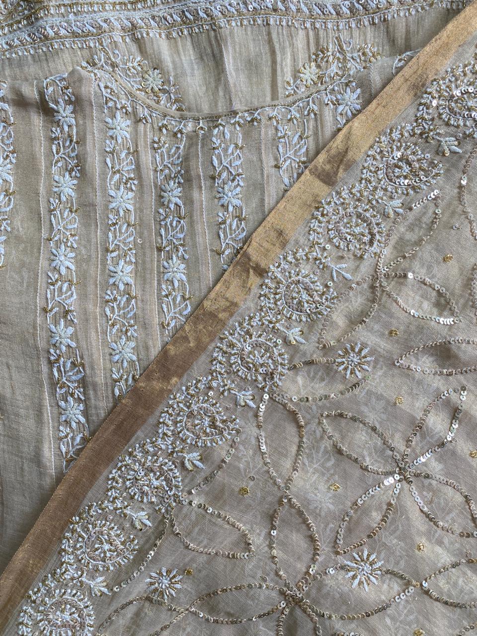 Ivory Golden Tissue Chikankari Anarkali Suit