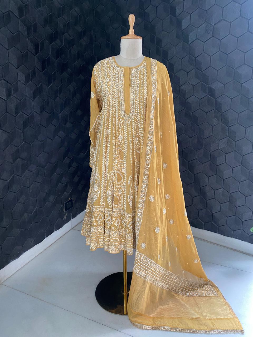 Mustard Yellow Golden Tissue Chikankari Anarkali suit