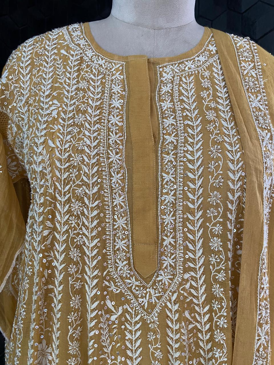 Mustard Yellow Golden Tissue Chikankari Anarkali suit