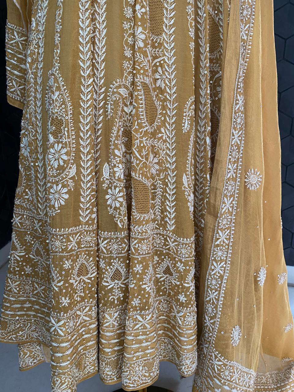 Mustard Yellow Golden Tissue Chikankari Anarkali suit