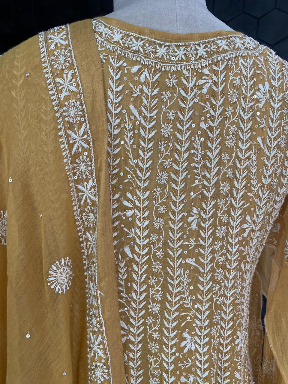 Mustard Yellow Golden Tissue Chikankari Anarkali suit