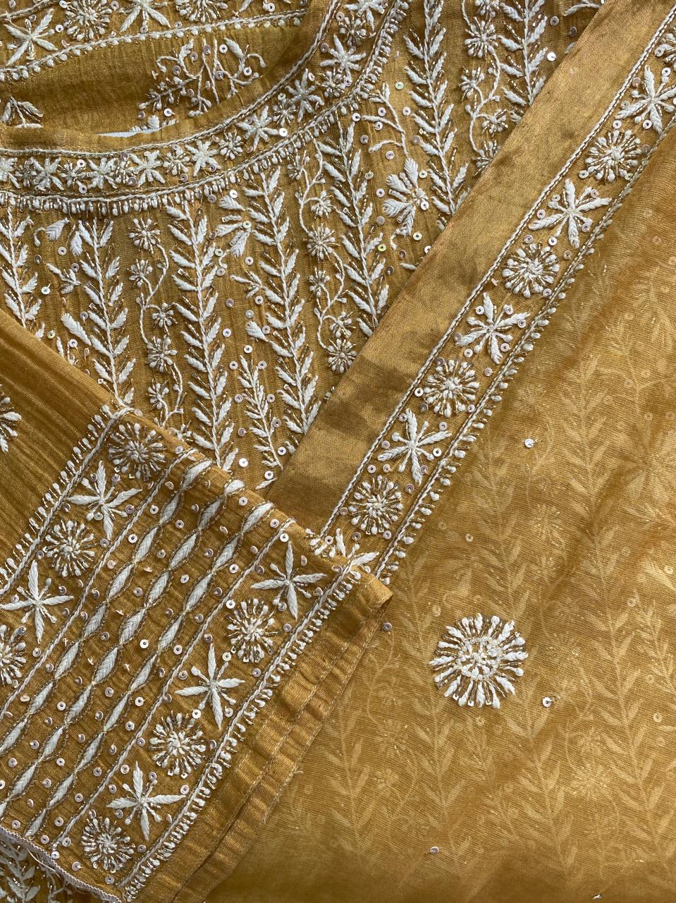 Mustard Yellow Golden Tissue Chikankari Anarkali suit