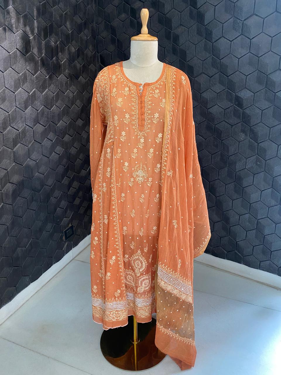 Orange Golden Tissue Chikankari Anarkali set