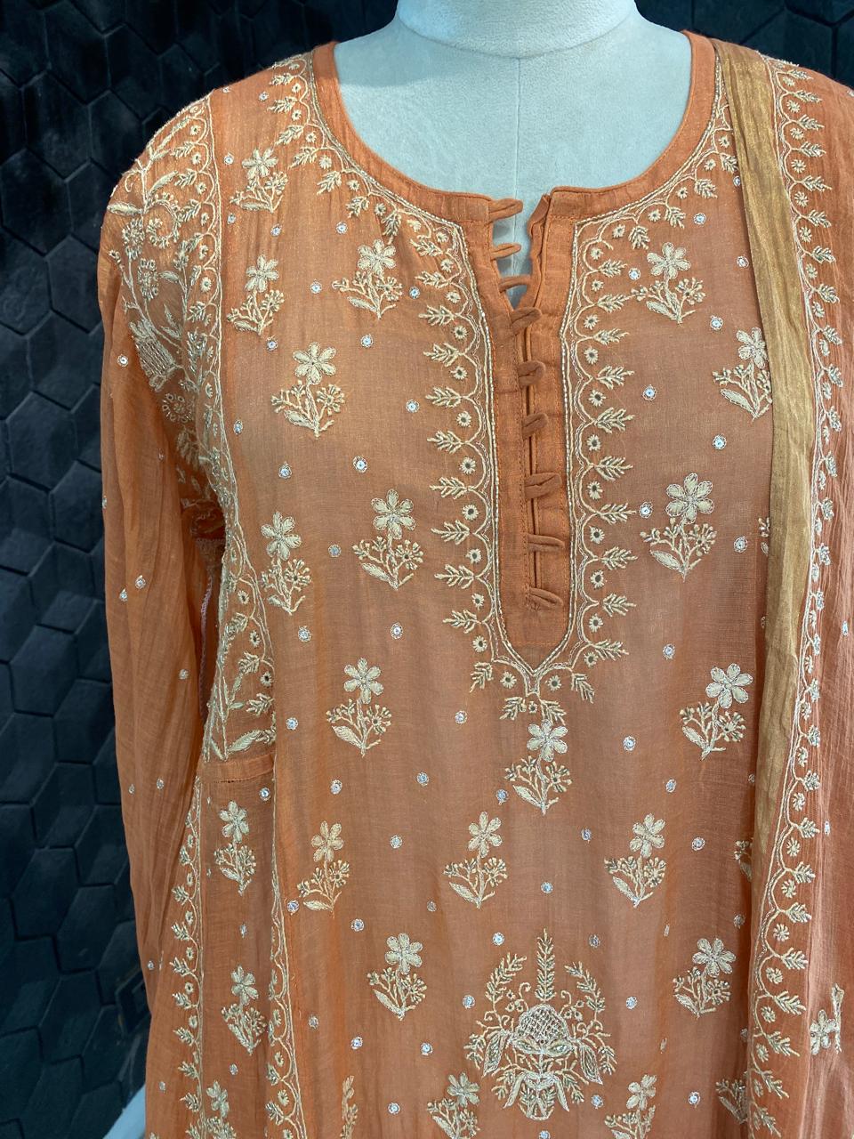 Orange Golden Tissue Chikankari Anarkali set