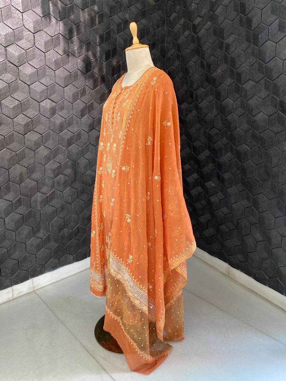 Orange Golden Tissue Chikankari Anarkali set
