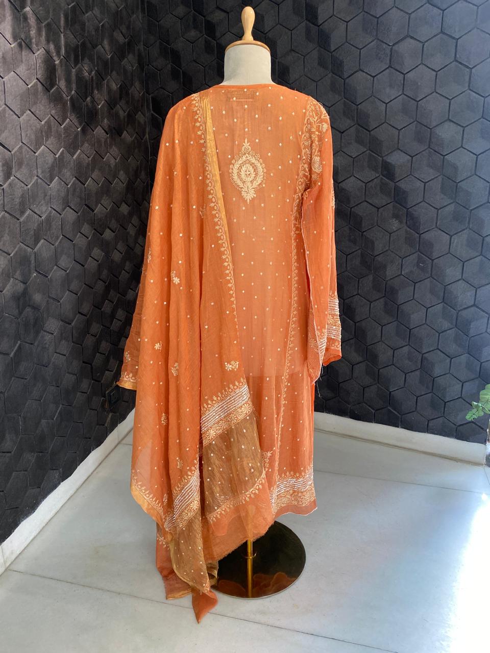 Orange Golden Tissue Chikankari Anarkali set