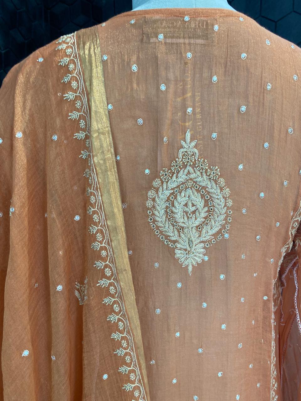 Orange Golden Tissue Chikankari Anarkali set