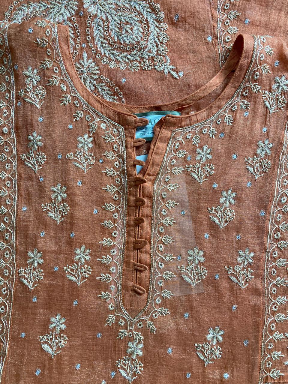 Orange Golden Tissue Chikankari Anarkali set