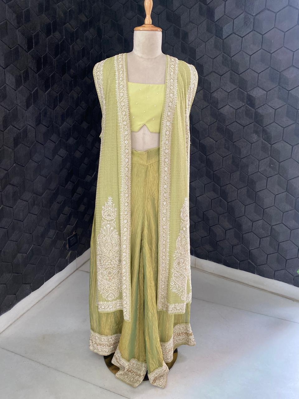 Pista Green Tissue Embroidered Long Jacket Indo-Western Set