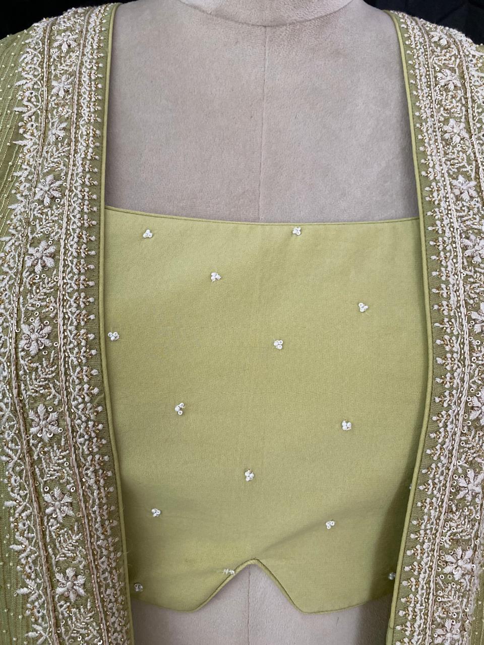 Pista Green Tissue Embroidered Long Jacket Indo-Western Set