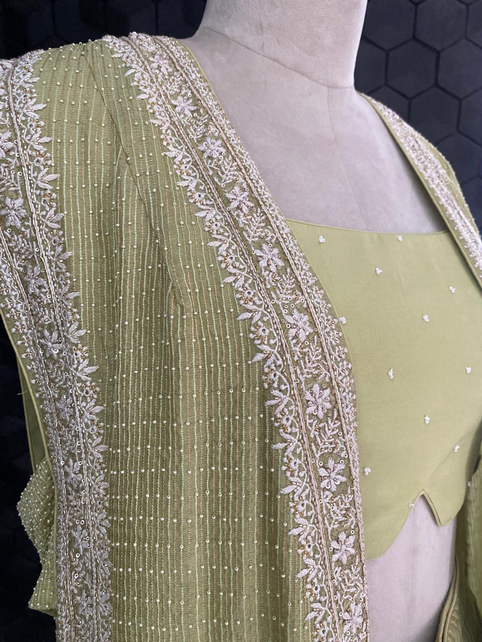 Pista Green Tissue Embroidered Long Jacket Indo-Western Set