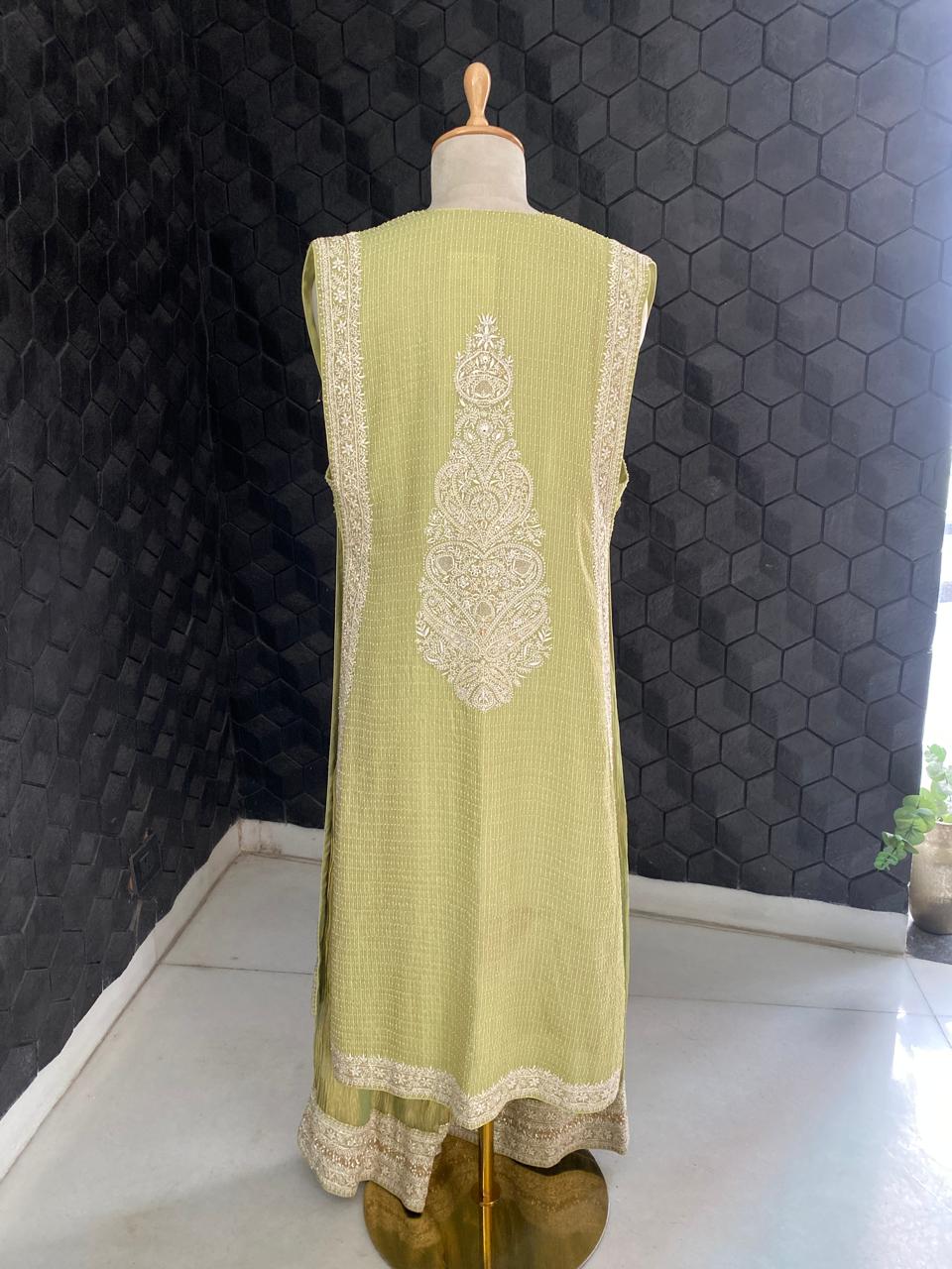 Pista Green Tissue Embroidered Long Jacket Indo-Western Set