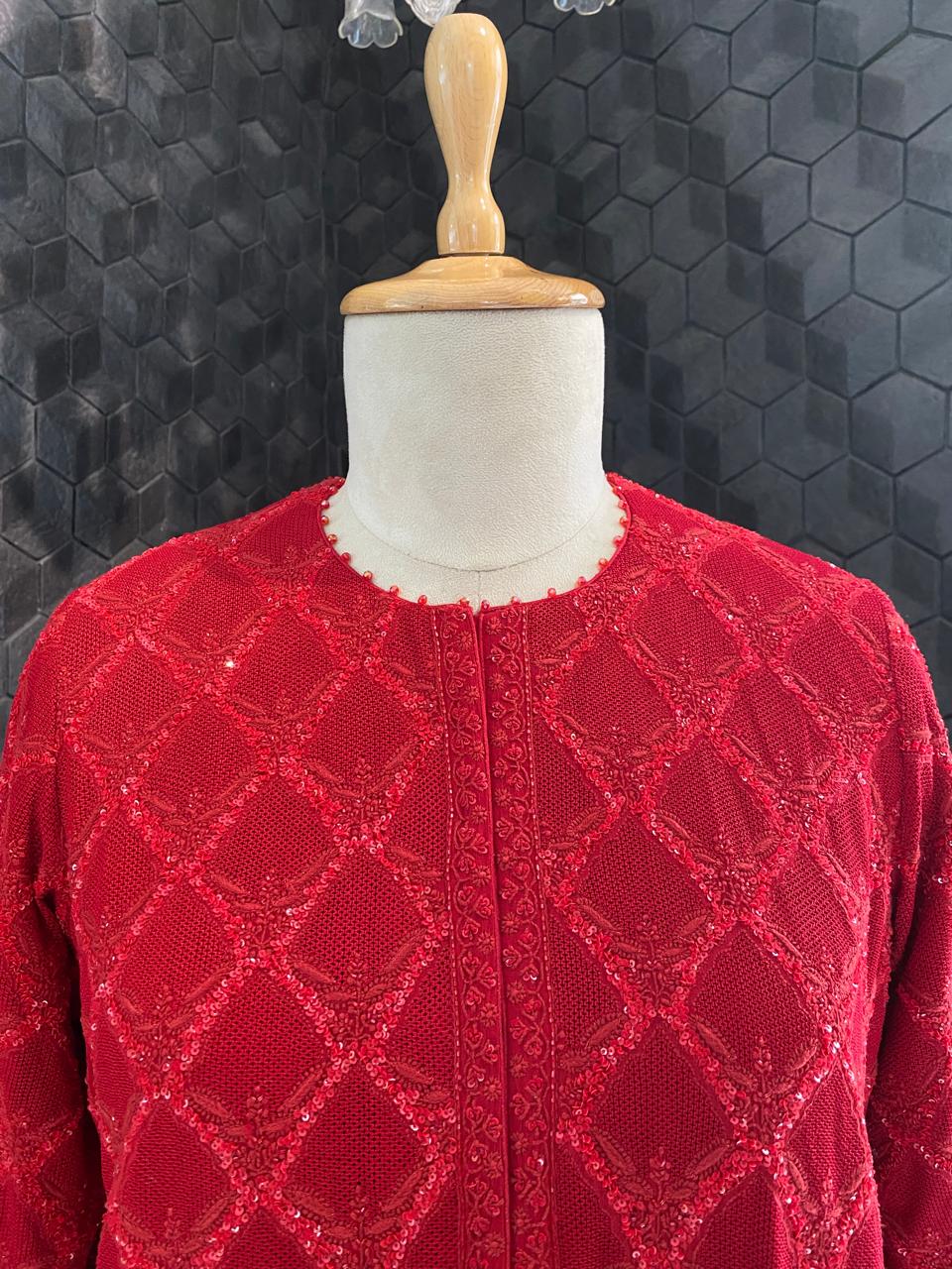 Red georgette Chikankari gilet-set