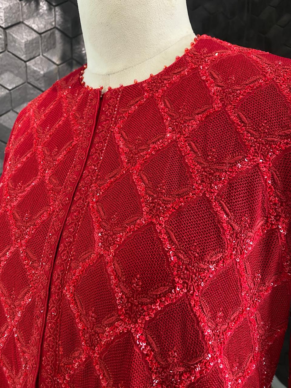 Red georgette Chikankari gilet-set