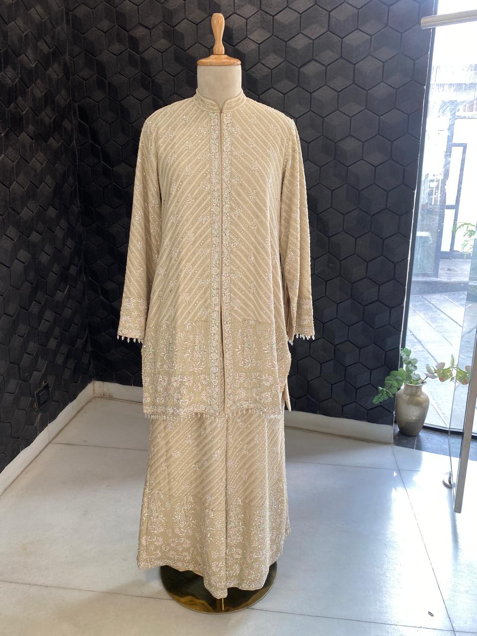 Beige Georgette  Chikankari Gilet Set