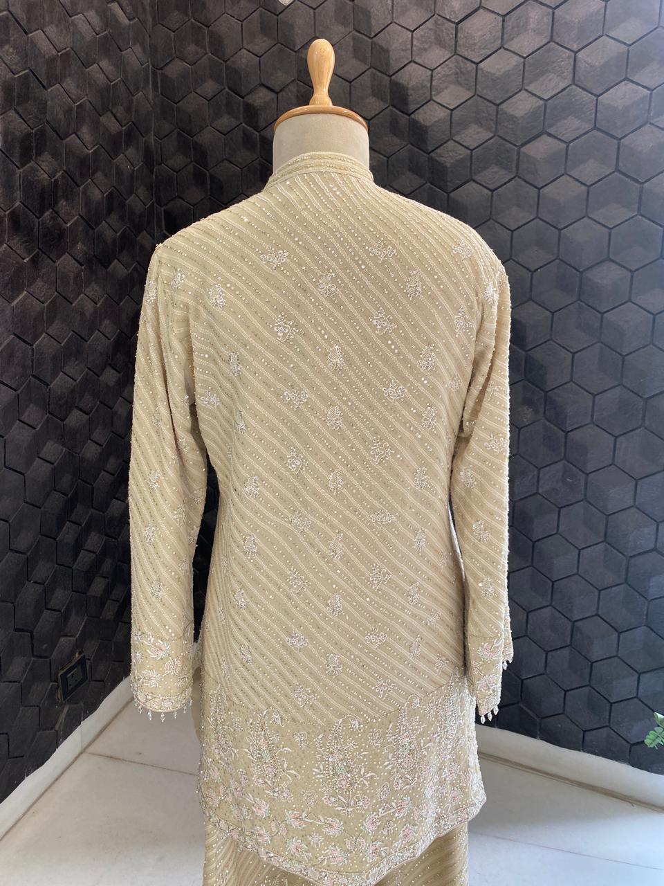 Beige Georgette  Chikankari Gilet Set