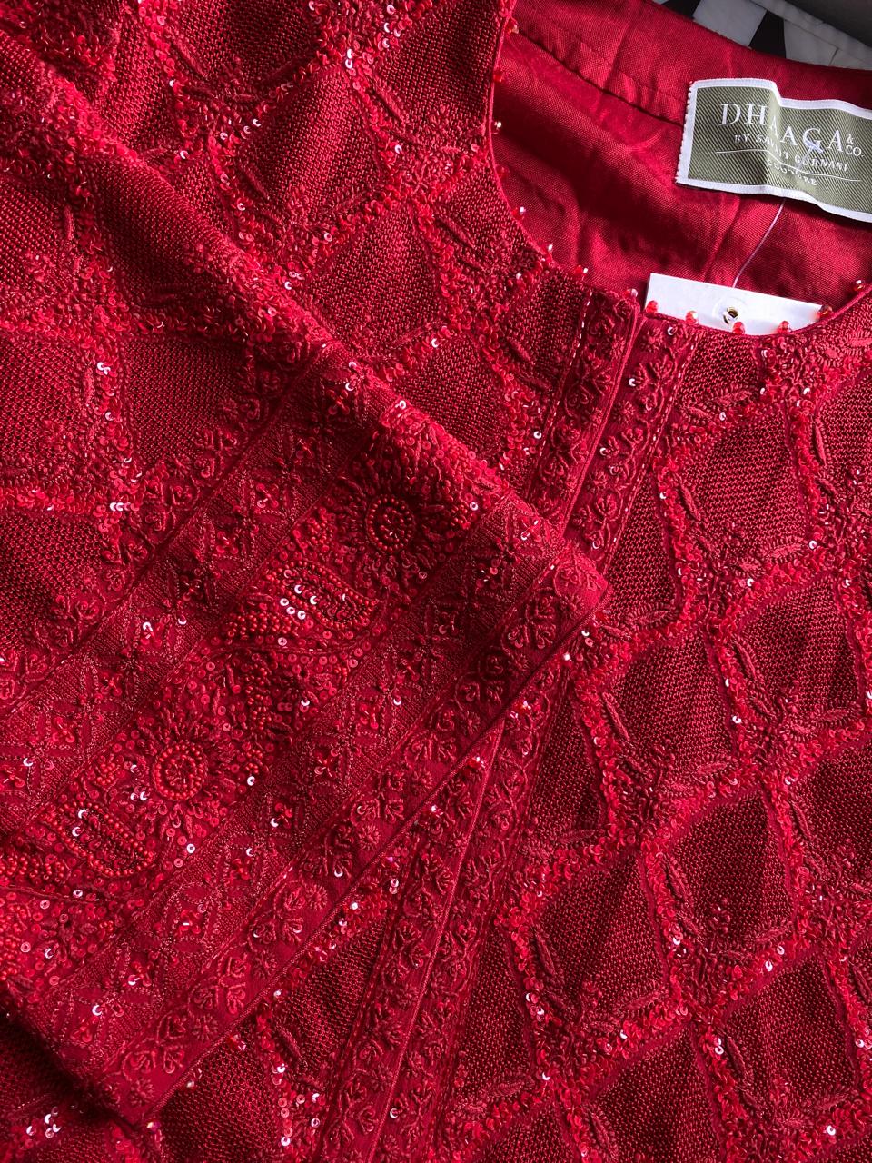 Red georgette Chikankari gilet-set