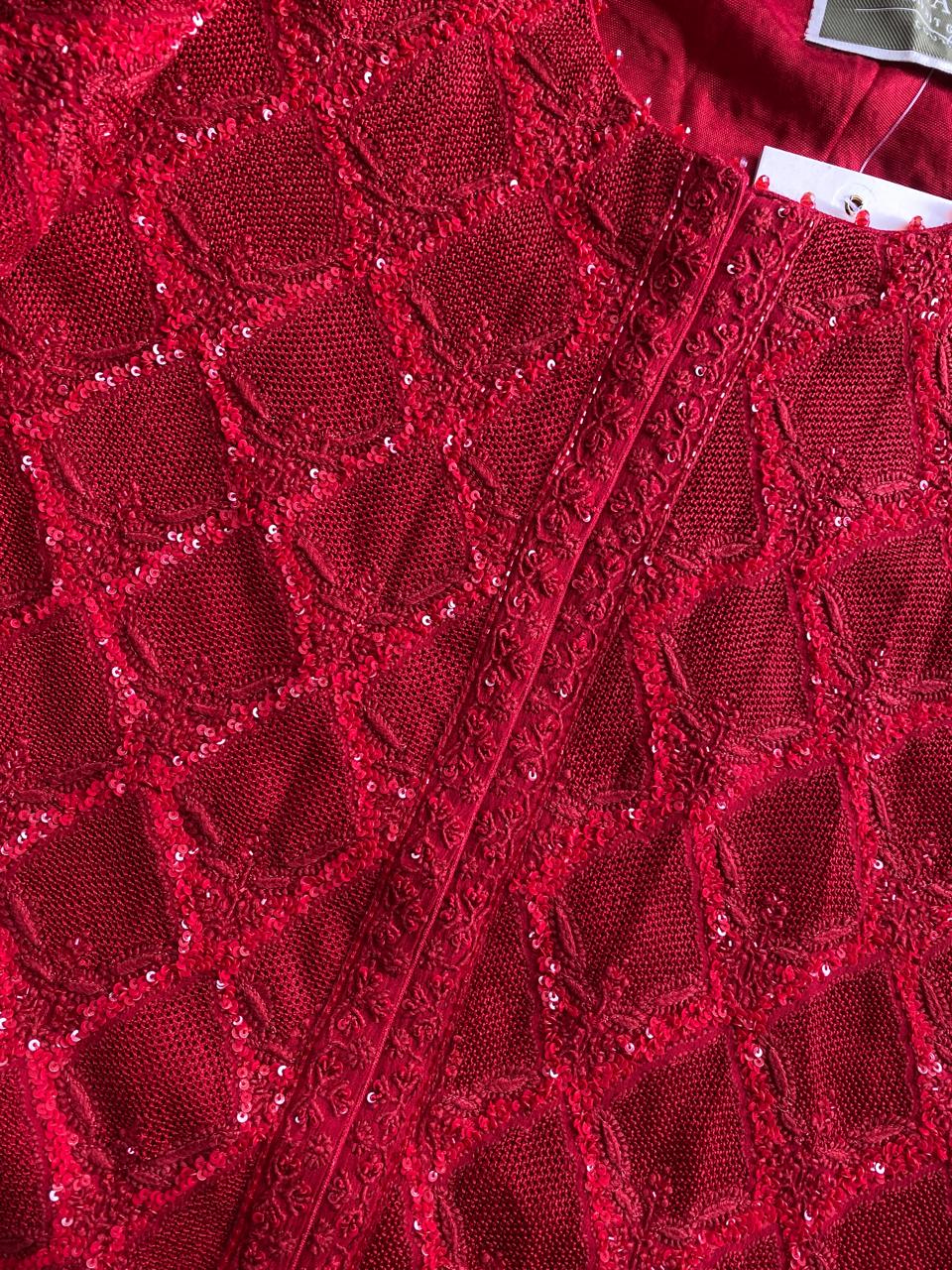 Red georgette Chikankari gilet-set