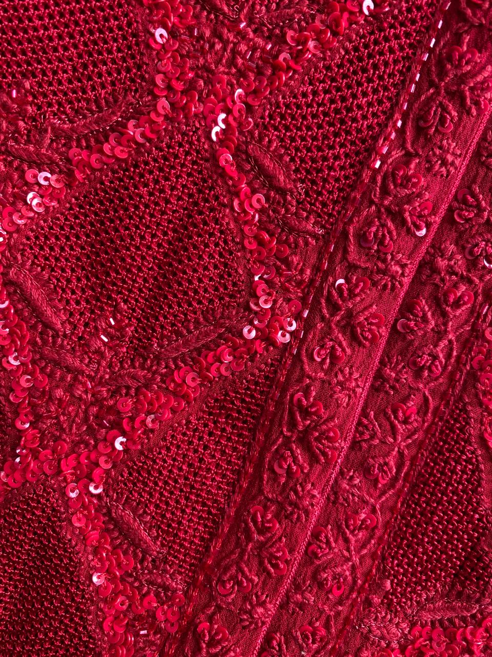 Red georgette Chikankari gilet-set