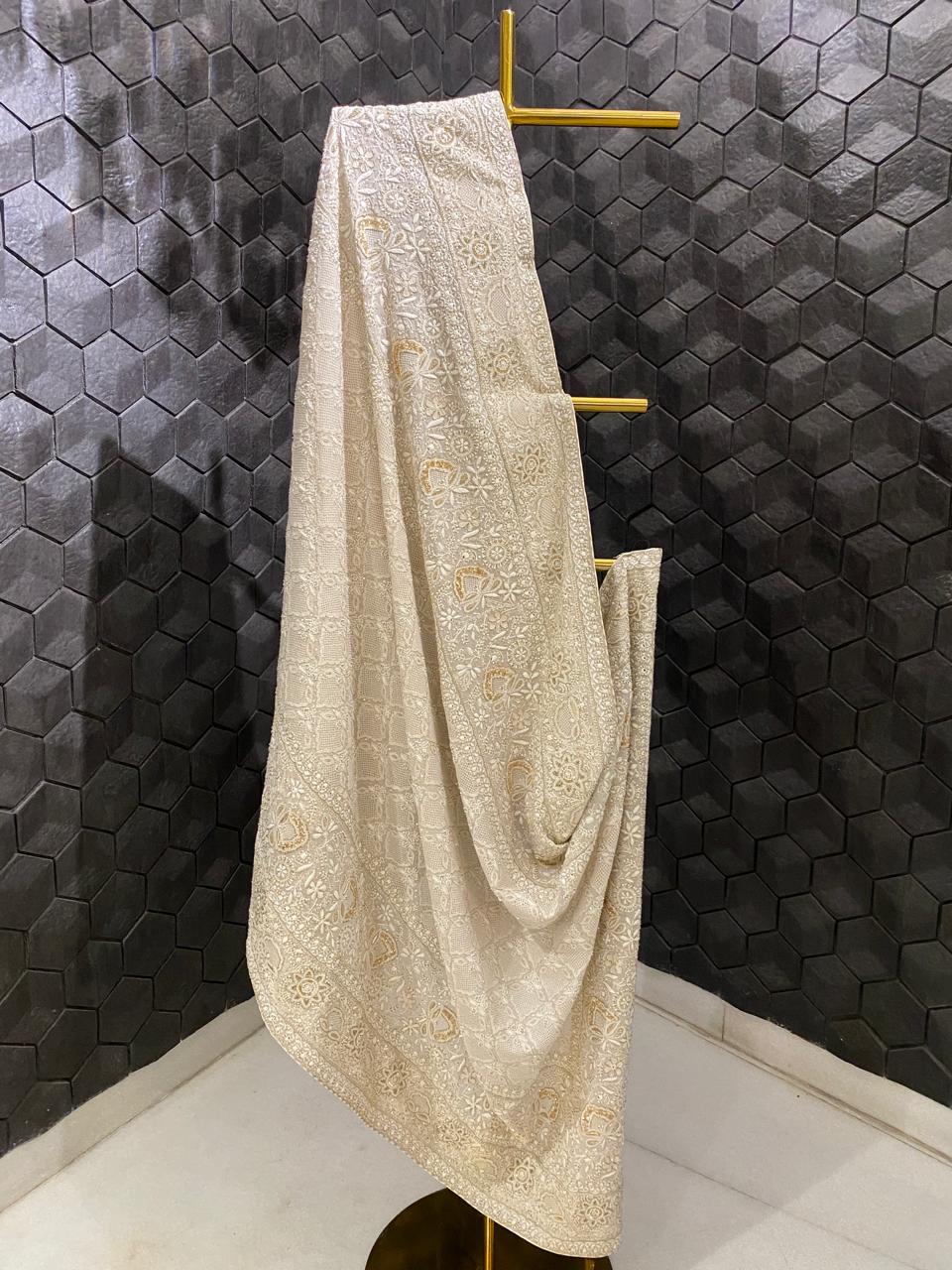 Beige georgette Chikankari Dupatta