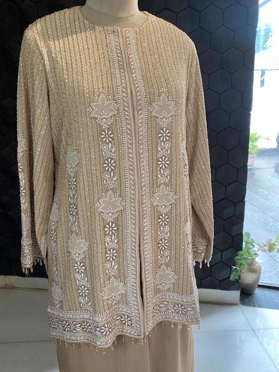 Beige Georgette Embroidered Gilet Set