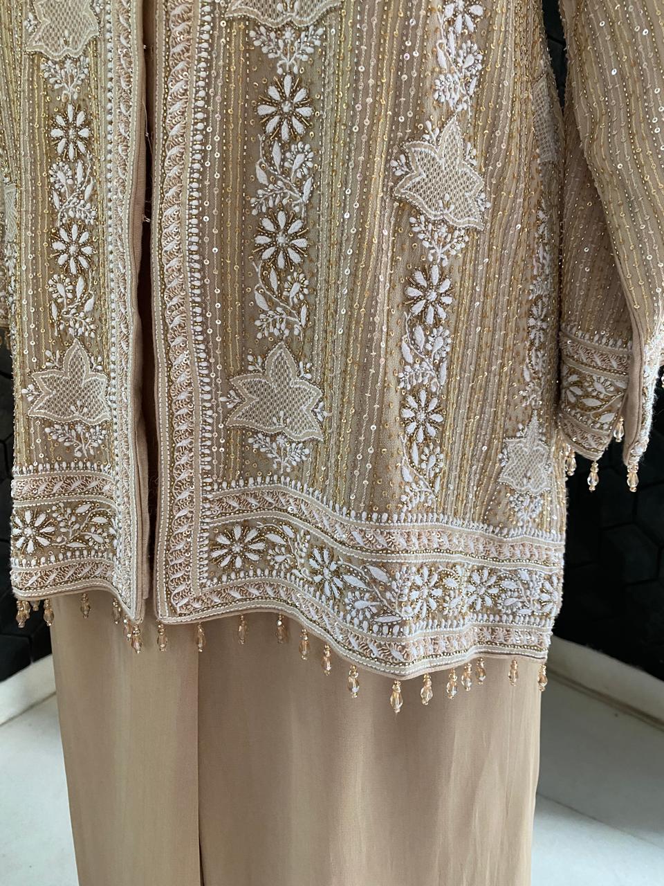 Beige Georgette Embroidered Gilet Set