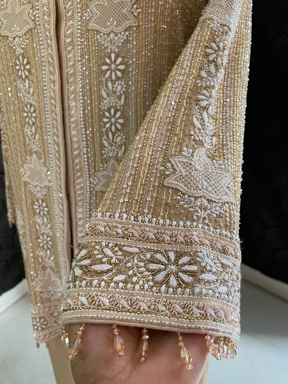 Beige Georgette Embroidered Gilet Set