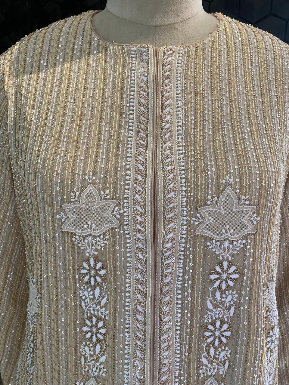 Beige Georgette Embroidered Gilet Set