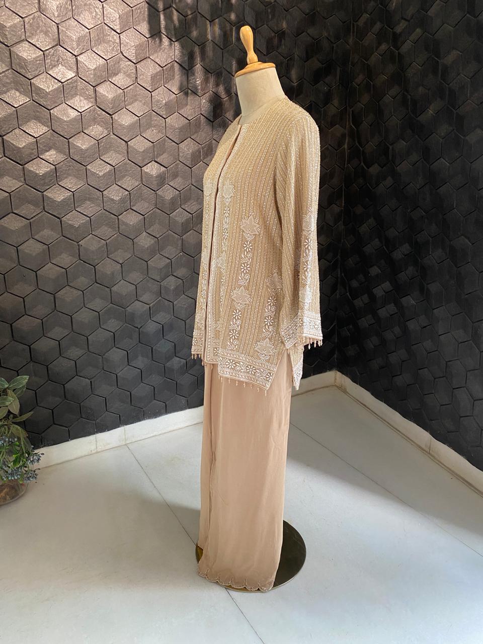 Beige Georgette Embroidered Gilet Set