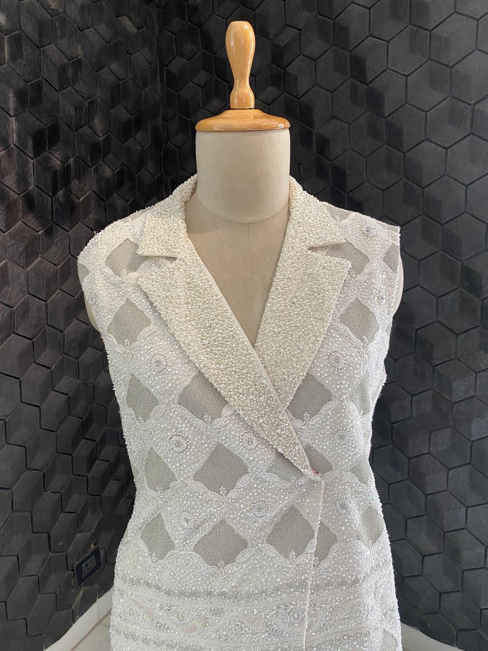 White Sequin Georgette Blazer Set