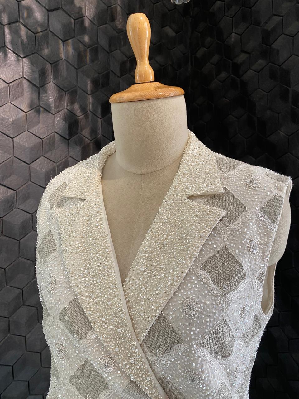 White Sequin Georgette Blazer Set