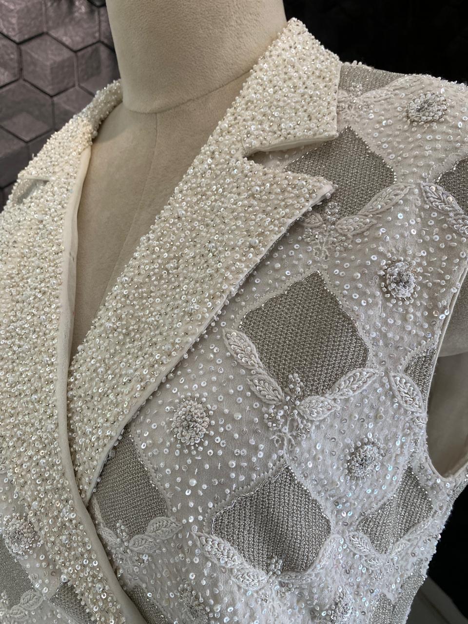 White Sequin Georgette Blazer Set