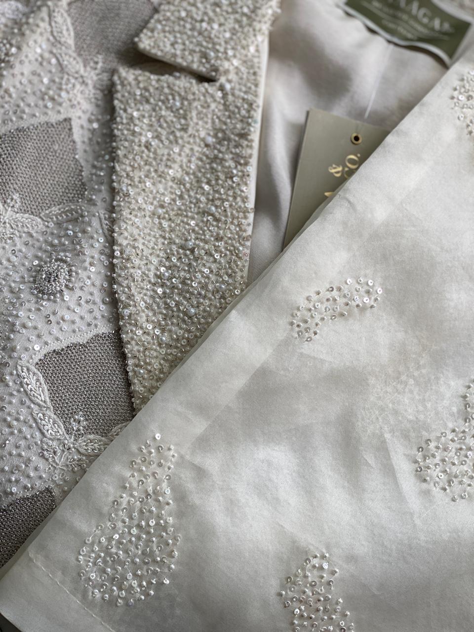 White Sequin Georgette Blazer Set
