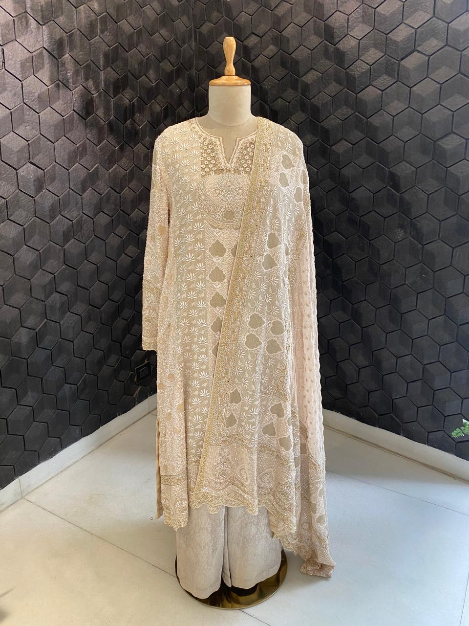 Gold & White Chikankari Embroidered Georgette Kurta Set with Heavy Dupatta