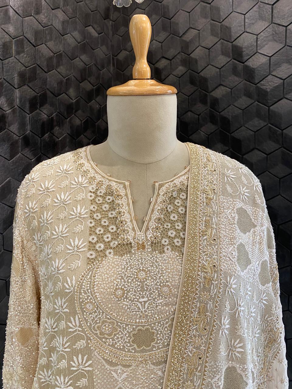 Gold & White Chikankari Embroidered Georgette Kurta Set with Heavy Dupatta