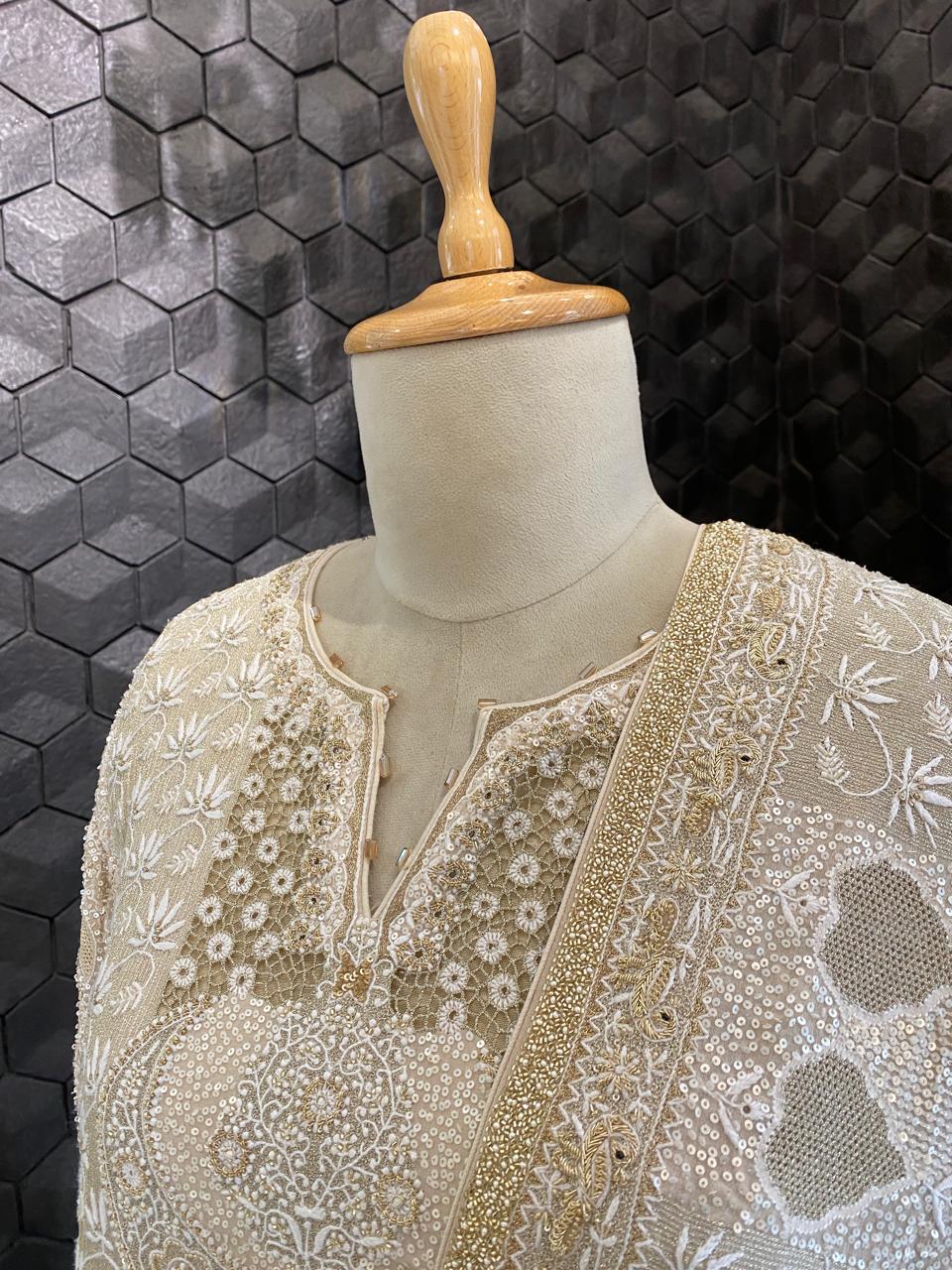 Gold & White Chikankari Embroidered Georgette Kurta Set with Heavy Dupatta
