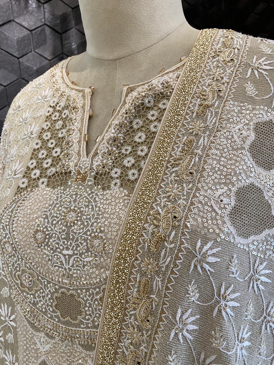 Gold & White Chikankari Embroidered Georgette Kurta Set with Heavy Dupatta