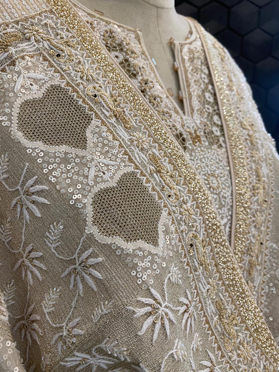 Gold & White Chikankari Embroidered Georgette Kurta Set with Heavy Dupatta